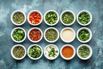 Assorted Culinary Herbs and Spices in Small White Bowls