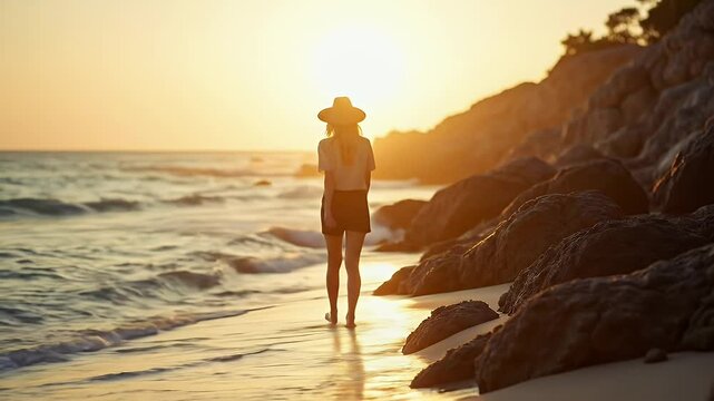 Golden Hour Beach Serenity Woman Silhouetted at Sunset, Ocean Waves, Coastal Rocks