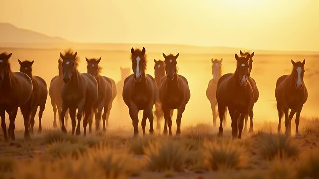 Majestic Wild Horses at Sunset A Stunning Herd Galloping Across the Golden Plains