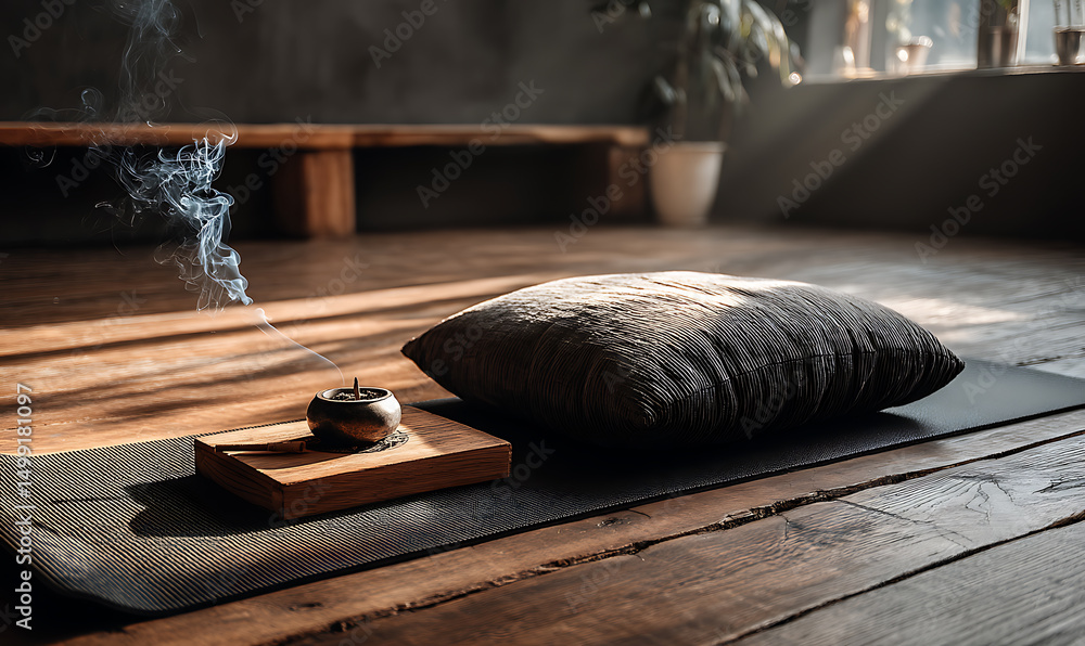 Poster serene meditation setup featuring a yoga mat and cushion for a calming atmosphere.
