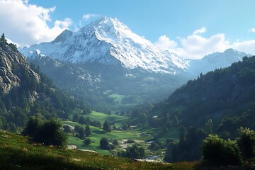 Obraz premium A breathtaking mountain landscape with snow-capped peaks and lush green valleys.