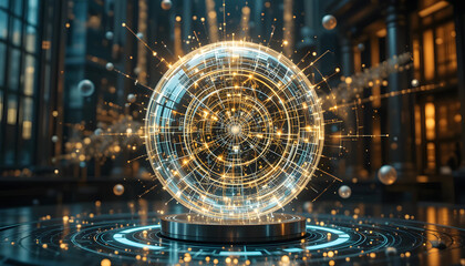 3D holographic sphere, floating data streams, high