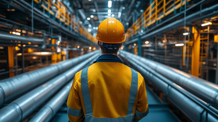 A production worker, wearing a safety helmet and vest, monitors the industrial infrastructure inside a high-tech plant..