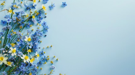 Obraz premium A mix of blue forget-me-nots and yellow daffodils arranged on a soft sky blue table, symbolizing spring and renewal.