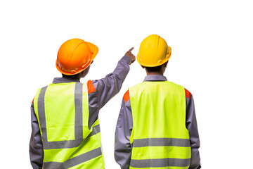 Back view of two engineers wearing yellow vests and helmet discussing project standing isolated on white background.