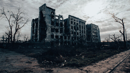 ruined street and destroyed houses the city war in Ukraine