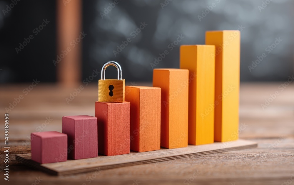 Poster a bar graph with six rising blocks in warm colors, secured by a padlock, representing data security 