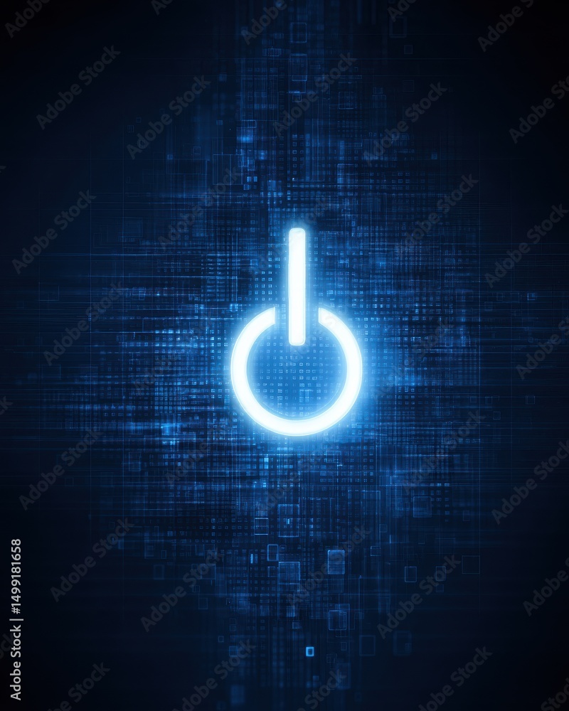 Poster a glowing blue power button symbol appears on a digital, futuristic background filled with abstract 
