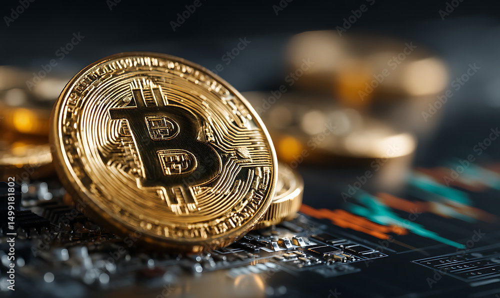 Leinwandbilder close-up image of a bitcoin coin set against a futuristic tech backdrop.