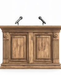 Ornate Wooden Podium with Dual Microphones Against a White Backg