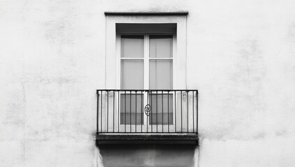 Monochrome photograph of a simple, rectangular window with a small, wrought-iron balcony on a textured, white wall