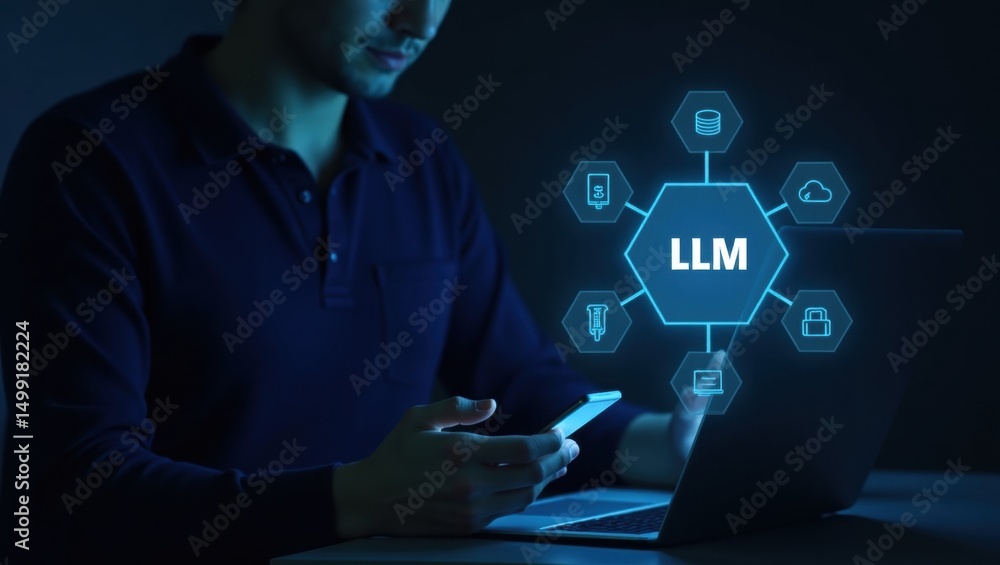 Aufkleber person working on a laptop with an llm interface displayed.