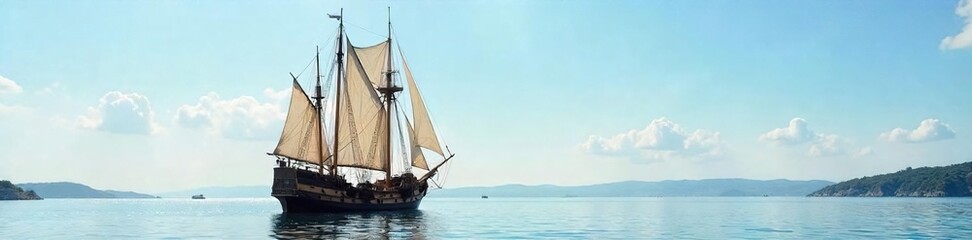 Fototapeta premium A historic replica of the Mayflower ship, proudly sailing on calm waters under a clear sky The iconic vessel stands tall against the serene backdrop, a testament to maritime history , colonial, sky