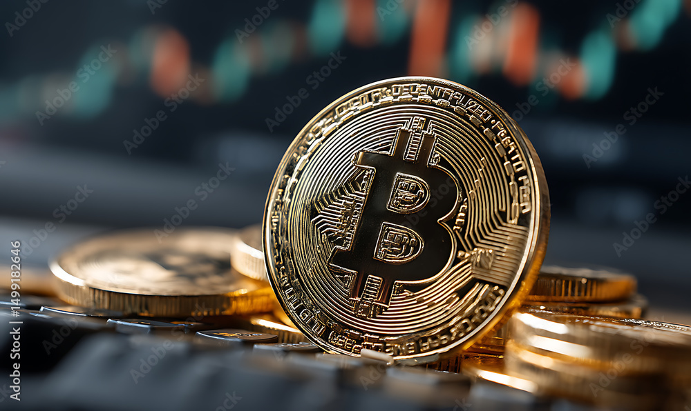 Poster close-up of a bitcoin coin on a futuristic tech background, highlighting digital currency and innova