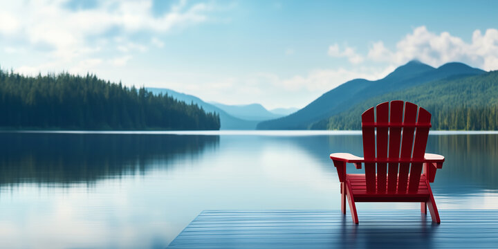 Red chair by a peaceful mountain lake, perfect for vacation, solitude, nature retreat, and relaxation or retirement content