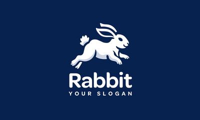 Fototapeta premium White rabbit logo. Jumping hare emblem. Clean animal icon. Playful brand symbol. Simple animal vector illustration.