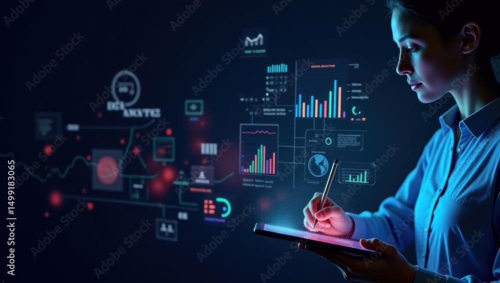 Aufkleber woman interacts with a digital interface displaying data visualizations.