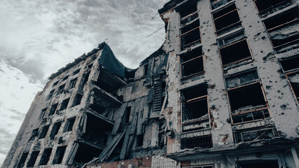 ruined street and destroyed houses the city war in Ukraine
