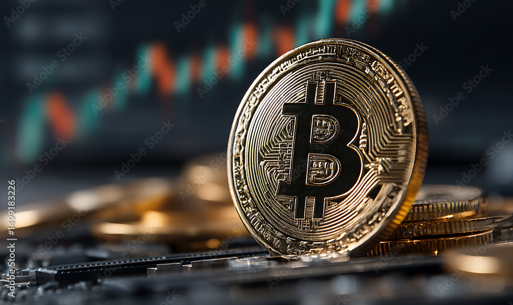Poster close-up of a bitcoin coin on a futuristic technology background.