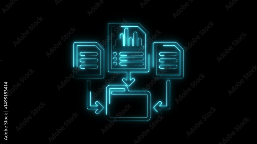 Poster neon data flow concept depicts file sharing and transfer process on black background