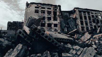 ruined street and destroyed houses the city war in Ukraine