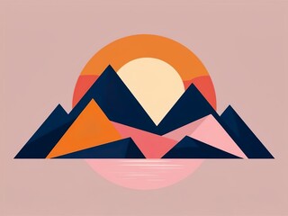 Logo, graphic landscape, sun peeking out from behind the mountains, sunrise, sunset, blue and pink tones