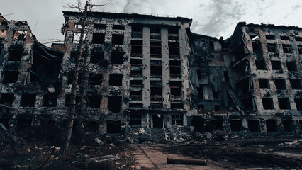 ruined street and destroyed houses the city war in Ukraine