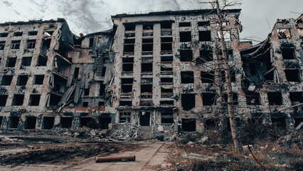 ruined street and destroyed houses the city war in Ukraine