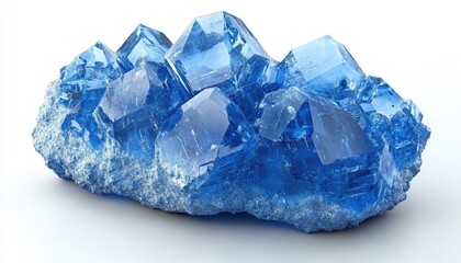 Naklejka premium A bright blue crystal cluster shines against a simple white background. Use this mineral image to visualize geological science concepts.