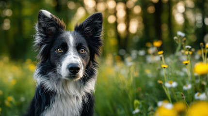 Fototapeta premium Portrait of a black and white border collie dog against a summer flowering meadow. Her gaze shows attention and concentration.