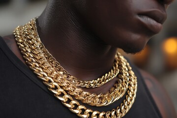Intense rapper with gold chains in low angle  
