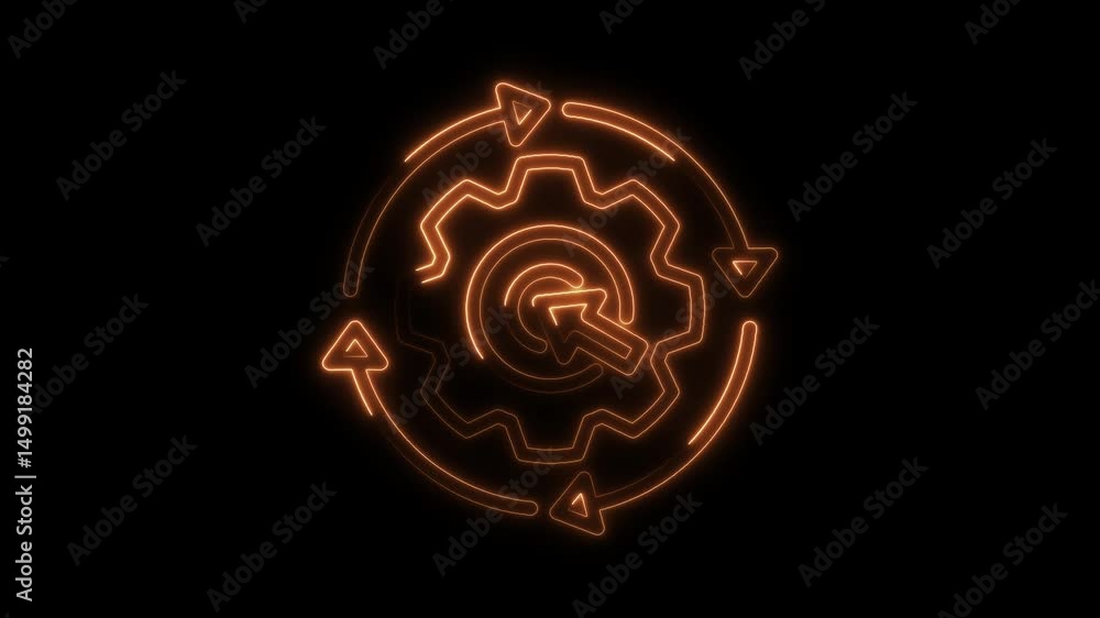 Poster neon process flow of a cog gear with arrows in a circular motion graphic
