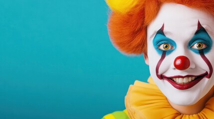 Cheerful clown with vibrant makeup and costume smiling against a bright blue background