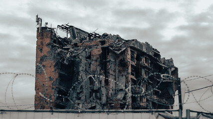 ruined street and destroyed houses the city war in Ukraine