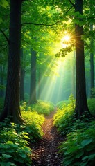 Obraz premium Sun-dappled forest floor in summer, lush green foliage, dappled light filtering through leaves, vibrant undergrowth, peaceful woodland scene , vibrant, peaceful