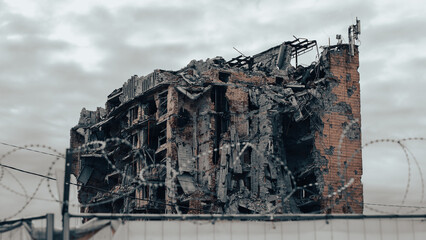 ruined street and destroyed houses the city war in Ukraine