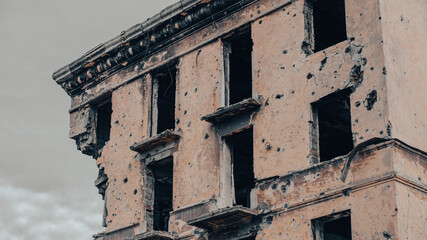 ruined street and destroyed houses the city war in Ukraine