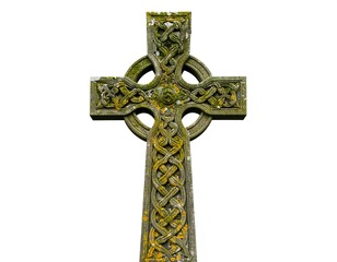 Weathered stone Celtic cross against a white backdrop showcasing detailed knotwork and moss. Symbol of faith and history in isolation