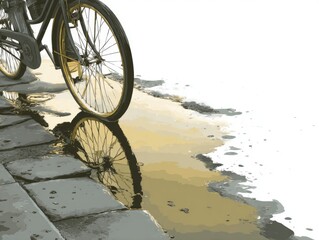 Fototapeta premium Vintage Bicycle Reflected in a Puddle on a Grey Pavement
