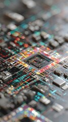 Close Up Of Colorful Circuit Board With Glowing Lights