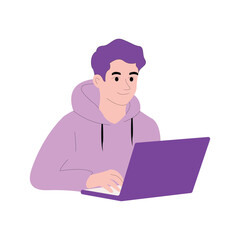 Young Man Working on Laptop, Modern Flat Vector Character Design