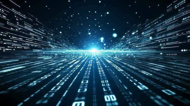 Futuristic digital landscape with flowing binary code and glowing particles in motion