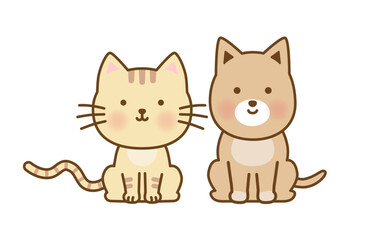 仲良く並ぶ犬と猫のかわいいイラスト