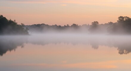 Fototapeta premium Misty Sunrise Over Calm Lake Serene Nature Photography