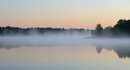 Fototapeta premium Serene Sunrise Misty Lake Reflections at Dawn