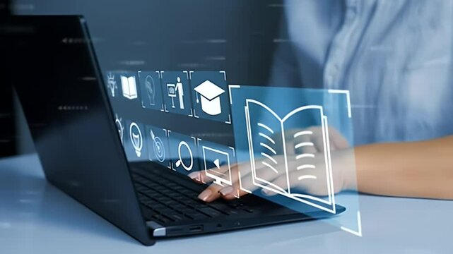 Online Education Interface Woman Typing On Laptop Keyboard with Holographic Digital Icons And Light Blue Background