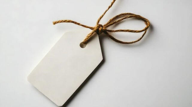 Minimalist composition with a blank off-white textured paper tag tied with natural twine, lying white background. Ideal for product branding, packaging design,promotional mockups. copy space