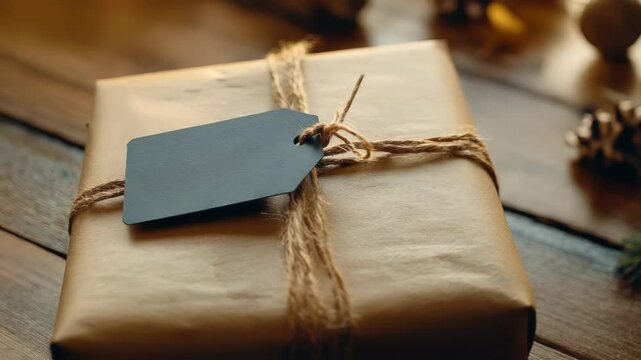Eco-style gift wrapped in brown craft paper with rustic jute string and blank white tag, symbolizing natural simplicity, sustainable gifting, and handmade holiday charm.