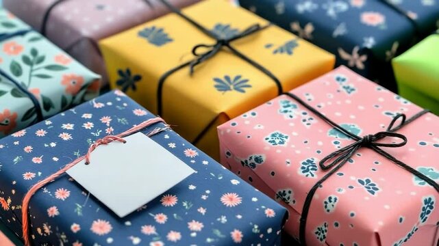 Collection of colorfully wrapped gift boxes with floral and botanical patterns, tied with strings and tags, symbolizing joyful celebration, creative wrapping, and cheerful festive spirit