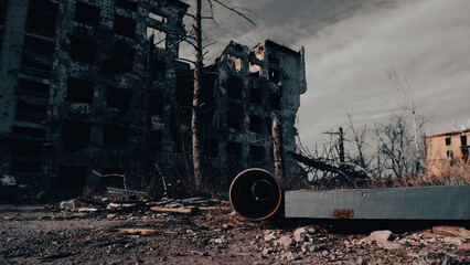 ruined street and destroyed houses the city war in Ukraine © Sofiia